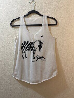 Funny Zebra Graphic Tank Top White Handmade Festival Tee Size S (No Tag)